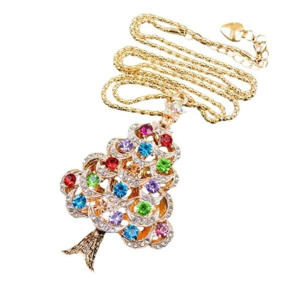 Betsey Johnson Necklace Multicolor Crystal Christmas Tree Pendant Gold Tone - Picture 1 of 2